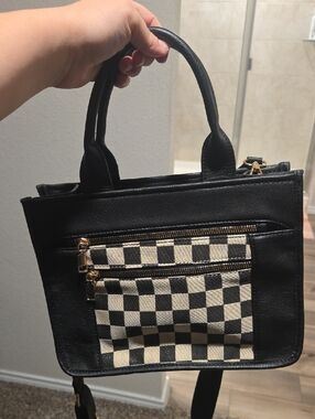 Boutique Checkered Canvas Front Satchel Handbag